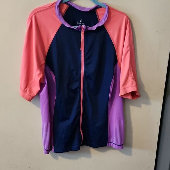 Lands' End Womens  Rash Guard - Coral, Navy, and Purple Swim Top 1X - Picture 1 of 4